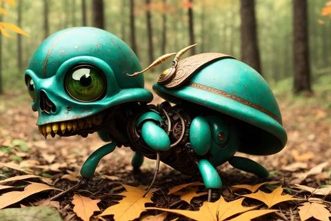 Scary small evil goblin-insect infected by parasite mushroom in the forest, A Stock Illustration