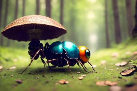 Scary small evil goblin-insect infected by parasite mushroom in the forest, A イラスト素材