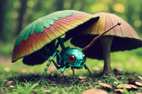 Scary small evil goblin-insect infected by parasite mushroom in the forest, A イラスト素材