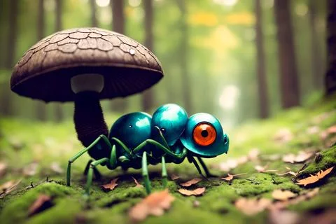 Scary small evil goblin-insect infected by parasite mushroom in the forest, A イラスト素材