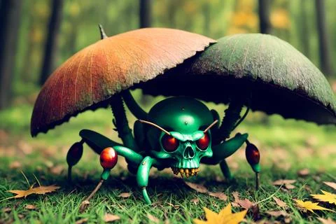 Scary small evil goblin-insect infected by parasite mushroom in the forest, A イラスト素材