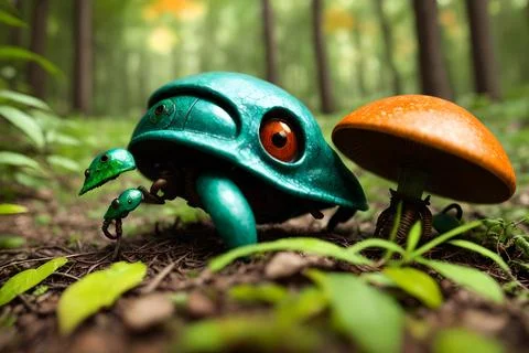 Scary small evil goblin-insect infected by parasite mushroom in the forest, A 스톡 일러스트