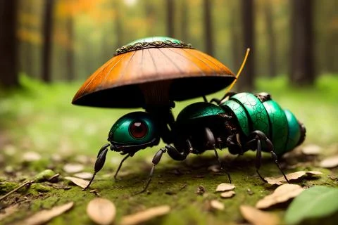 Scary small evil goblin-insect infected by parasite mushroom in the forest, A 스톡 일러스트