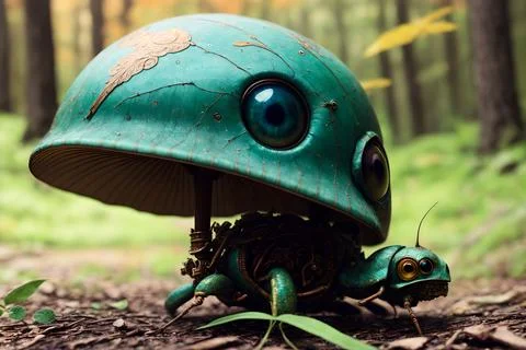 Scary small evil goblin-insect infected by parasite mushroom in the forest, A イラスト素材
