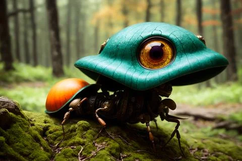 Scary small evil goblin-insect infected by parasite mushroom in the forest, A Stock Illustration
