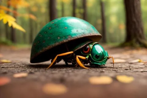 Scary small evil goblin-insect infected by parasite mushroom in the forest, A Stock Illustration