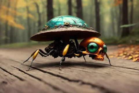 Scary small evil goblin-insect infected by parasite mushroom in the forest, A イラスト素材
