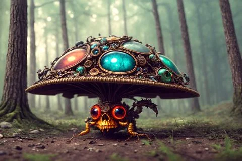 Scary small evil goblin-insect infected by parasite mushroom in the forest, A 스톡 일러스트
