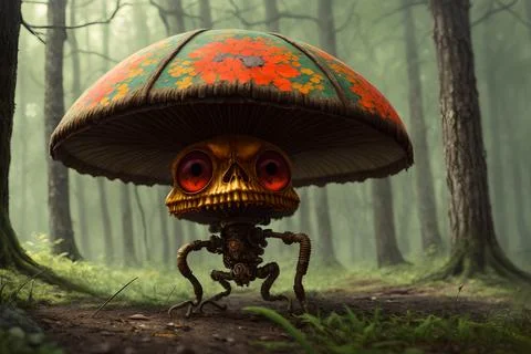 Scary small evil goblin-insect infected by parasite mushroom in the forest, A Stock Illustration