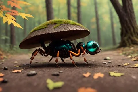 Scary small evil goblin-insect infected by parasite mushroom in the forest, A Stock Illustration