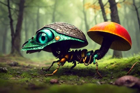Scary small evil goblin-insect infected by parasite mushroom in the forest,.. Stockillustratie