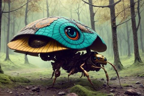 Scary small evil goblin-insect infected by parasite mushroom in the forest, A 스톡 일러스트