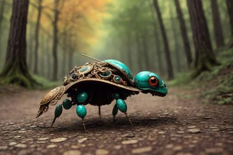 Scary small evil goblin-insect infected by parasite mushroom in the forest, A Stock Illustration
