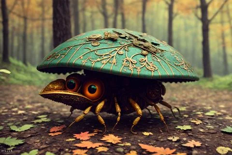 Scary small evil goblin-insect infected by parasite mushroom in the forest, A Stock Illustration