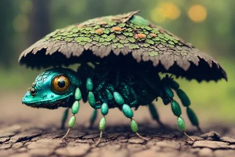 Scary small evil goblin-insect infected by parasite mushroom in the forest, A 스톡 일러스트