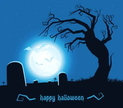 Scary tree in graveyard at night Stock Illustration