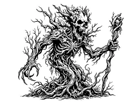 Scary tree monster with a skull head and wooden branches holding a staff Stock Illustration