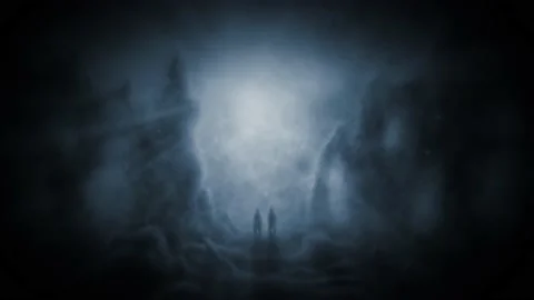 Scary two men silhouette stand among stone relics. Dark ancient ruins animation. Stock Footage 230928150