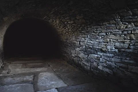 Scary underground, old castle cellar Stock Photos