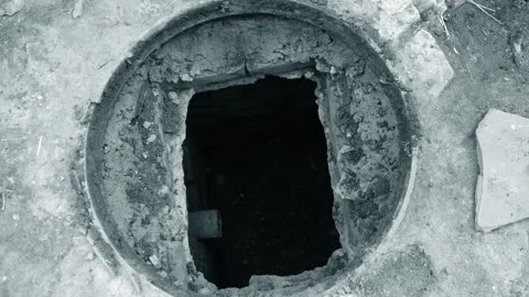 Scary video of going down into an old sewer collector or manhole with a pipe Stock Footage 313877232