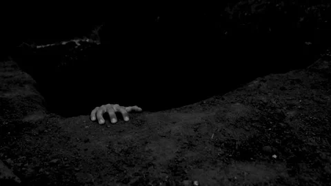 Scary video with someone jumping into a hole and a dead man crawling out of the Stock Footage 312974029