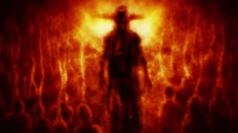 Scary warlock in big hat stands surrounded by spirits. Hell visions animation. Stock Footage 241043964