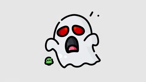 Scary white ghost red eyes mouth open small green skull icon art Stock-Footage 345286848