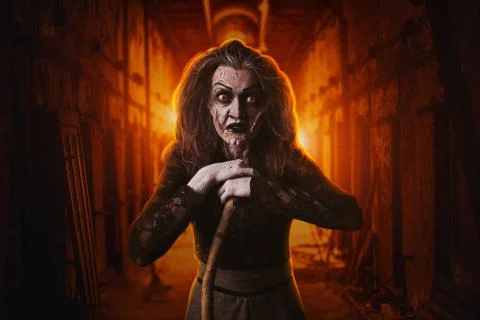 Scary witch with a cane, dark powers of witchcraft Foto stock