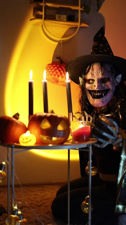 Scary witch raises skeletal hands beside glowing pumpkins and candles 動画素材 345494897