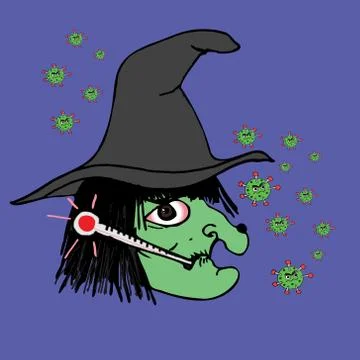 A scary witch with spooky hat is suffering from COVID 19 related high fever Stock Illustration