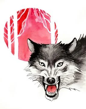 Scary wolf and red sun Stock Illustration