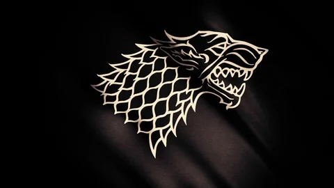 Scary wolf head in profile view on black silky moving flag with glare, seamless Stock Footage 105540661