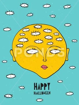 Scary Yellow Head of a Woman with Many Eyes. Stock Illustration