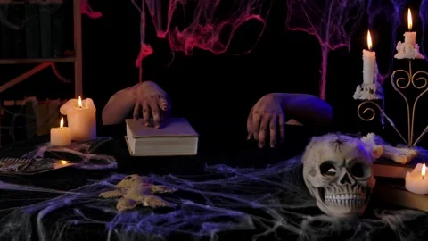 A scary zombie hand flips through a book Stock Footage 318356345