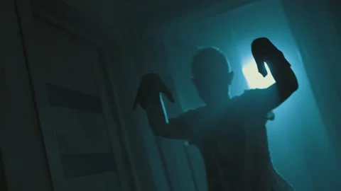 Scary Zombie In Torn Old Clothes Walks Creepy House Video stock 158090797