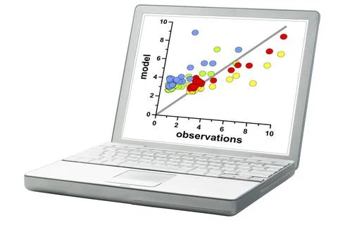  scatter graph on a laptop scatter graph of model and observation data on ... Stock-Fotos