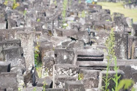 Scattered ancient stone blocks and ruins at an archaeological temple site. Stock Photos