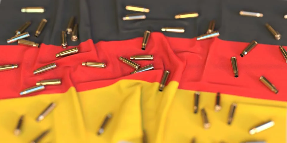 Scattered bullet shells on the flag of Germany. Crime or violence related 3D Stock Illustration