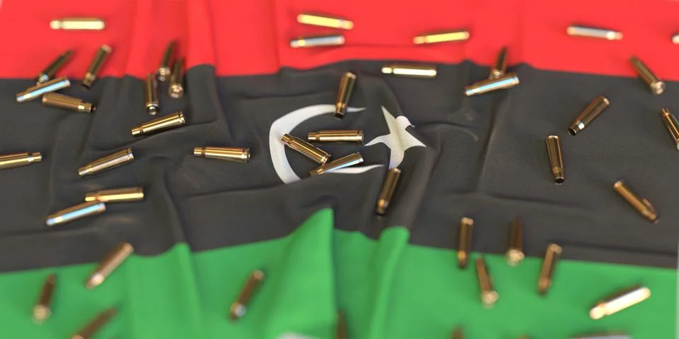 Scattered bullet shells on the flag of Libya. Crime or violence related 3D Stock Illustration