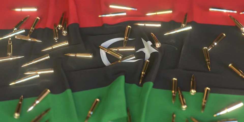 Scattered bullets on the flag of Libya. Firearms regulation or army related Stock Illustration