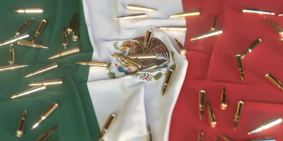 Scattered bullets on the flag of Mexico. Firearms regulation or army related Stock Illustration