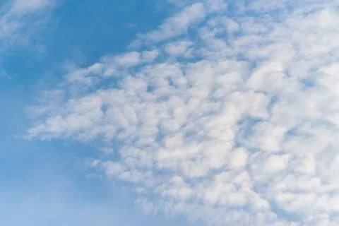 Scattered cloud clusters in a blue sky, blue sky background with white clouds 库存照片