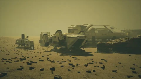 Scattered debris surrounds stranded cargo lander on Mars surface Stock Footage 330171523