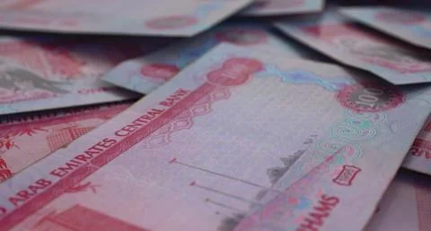 Scattered Dirham Banknote Pile Stock Photos