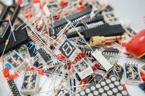 Scattered electronic components Stock Photos