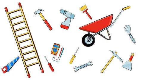 Scattered on the floor items of construction tools for home repair screwdrive Ilustración de archivo