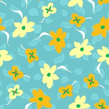 Scattered Floral Vector Pattern With Yellow Flowers On Blue Stock Illustration