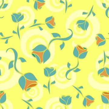 Scattered Flowers Pattern In Teal, Peach On Yellow With Swirls イラスト素材