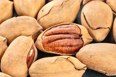 Scattered fresh pecans nuts in shell close up Stockfoto's