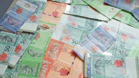 Scattered malaysian ringgit banknotes in various denominations creating a c.. Vidéo 283557167